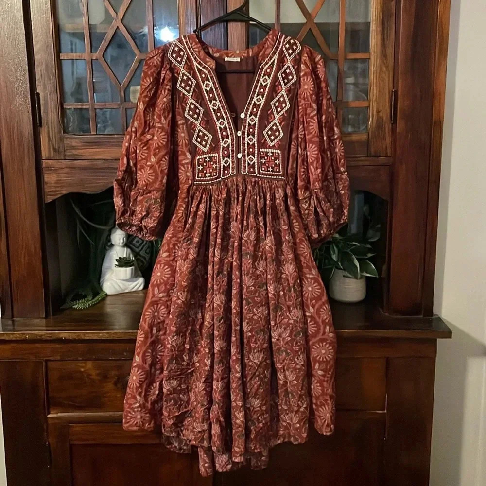 Sundance Lizet Embroidered Puff Sleeve Dress Size Medium